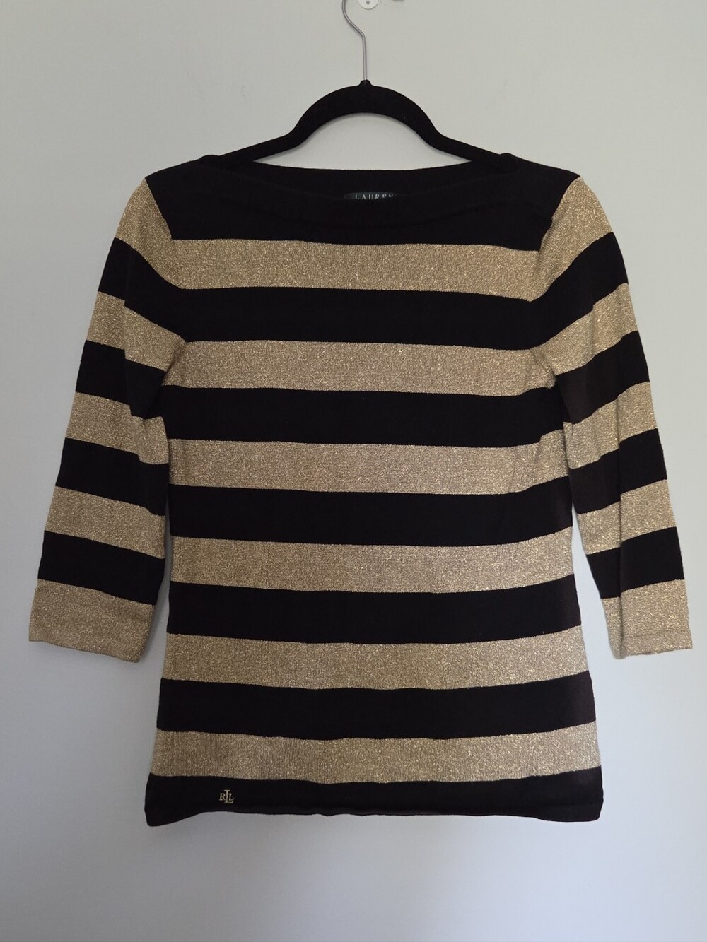 Ralph Lauren Black & Gold Striped Women's Boatneck Top